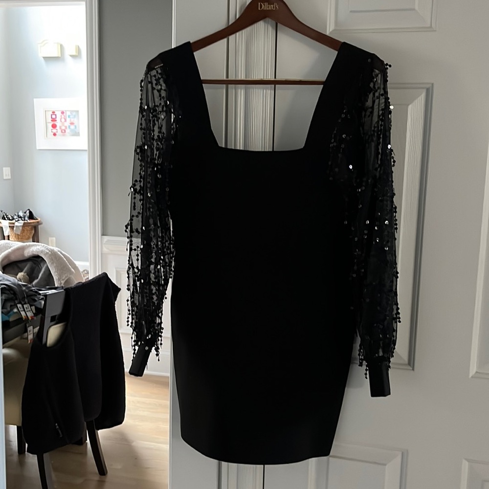 Bebe Black Dress Size Large with Sequin Sleeve NWT
